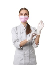 Photo of Portrait of nurse in uniform and medical mask on white background