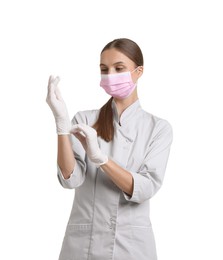 Photo of Portrait of nurse in uniform and medical mask on white background