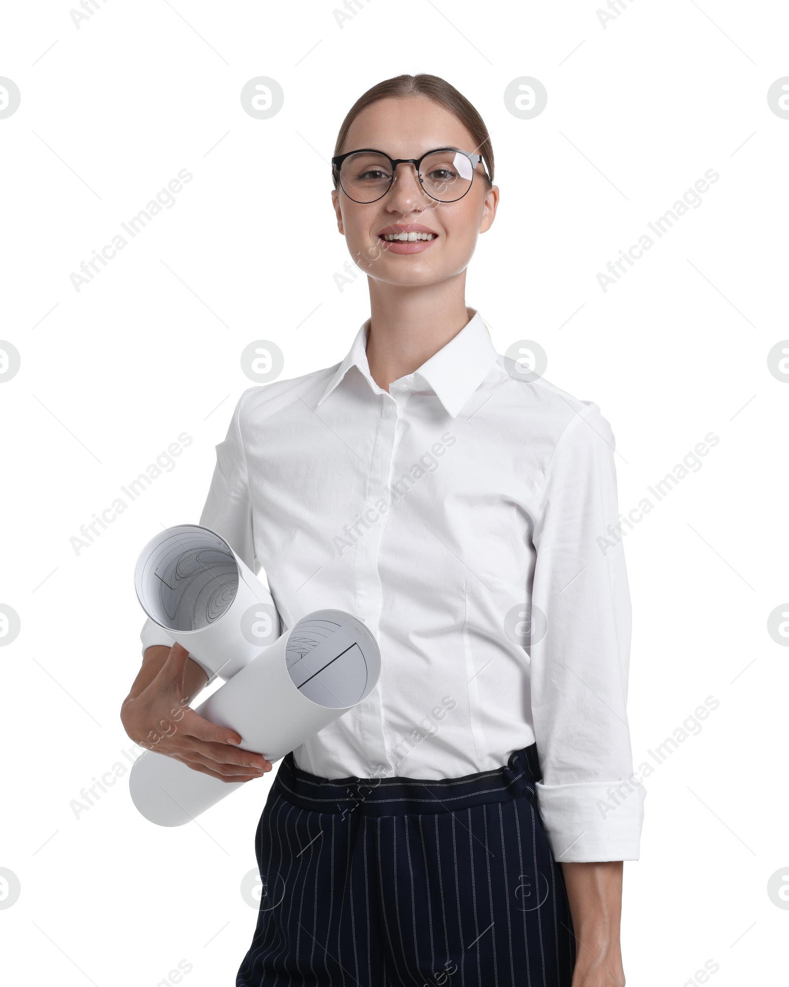 Photo of Portrait of engineer with drafts on white background