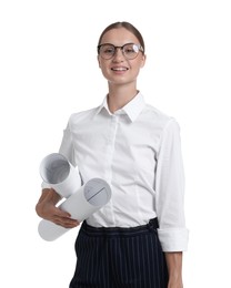 Photo of Portrait of engineer with drafts on white background
