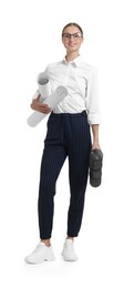 Photo of Young engineer with drafts on white background