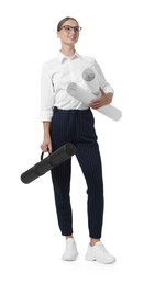 Photo of Young engineer with drafts on white background