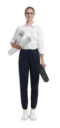 Photo of Young engineer with drafts on white background