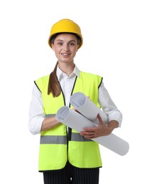 Photo of Portrait of engineer in hard hat and reflective vest with drafts on white background
