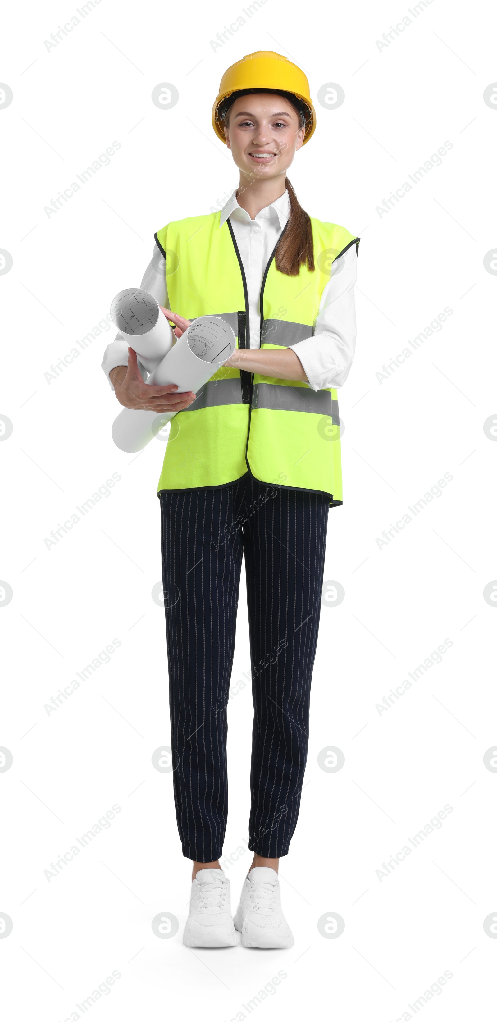 Photo of Young engineer in hard hat and reflective vest with drafts on white background
