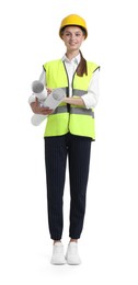 Photo of Young engineer in hard hat and reflective vest with drafts on white background
