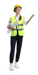 Photo of Young engineer in hard hat and reflective vest with drafts on white background
