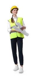 Photo of Young engineer in hard hat and reflective vest with drafts on white background