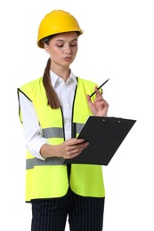 Photo of Portrait of engineer in hard hat and reflective vest with clipboard on white background