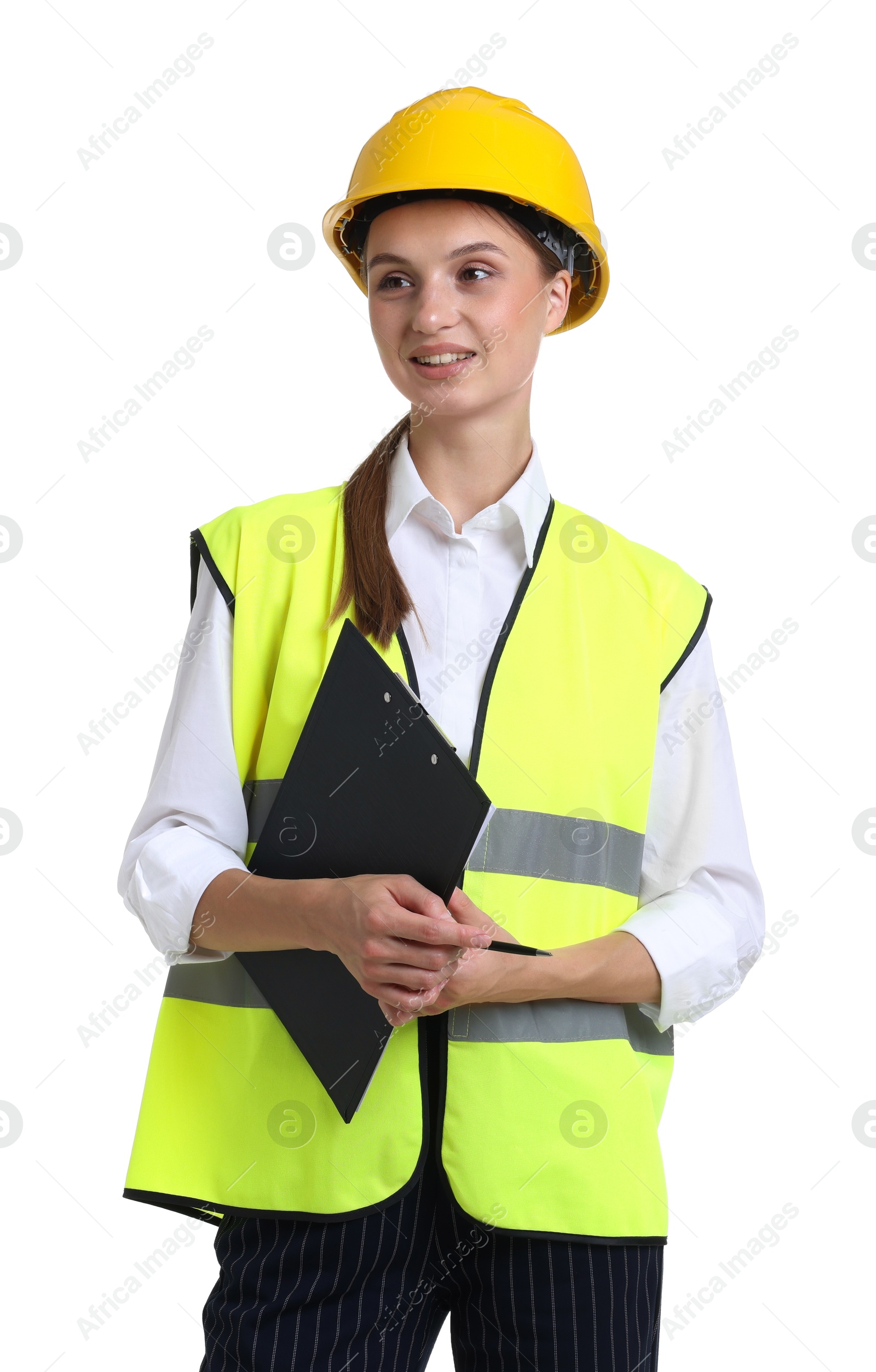 Portrait of engineer in hard hat and reflective vest with clipboard on white background Photo of Portrait of engineer in hard hat and reflective vest with clipboard on white background