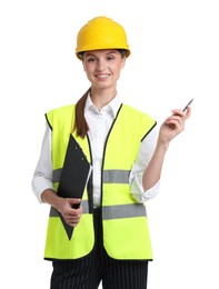 Photo of Portrait of engineer in hard hat and reflective vest with clipboard on white background