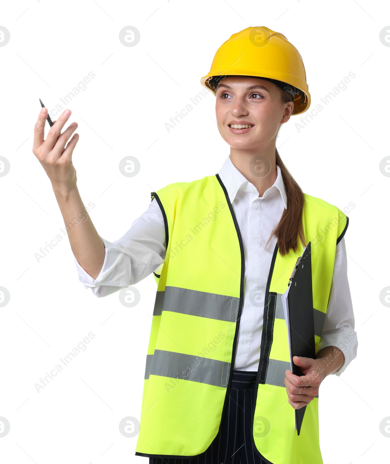 Portrait of engineer in hard hat and reflective vest with clipboard on white background Photo of Portrait of engineer in hard hat and reflective vest with clipboard on white background
