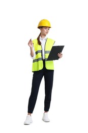 Photo of Young engineer in hard hat and reflective vest with clipboard on white background