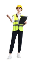 Photo of Young engineer in hard hat and reflective vest with clipboard on white background