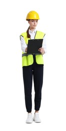 Photo of Young engineer in hard hat and reflective vest with clipboard on white background