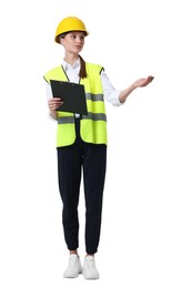 Photo of Young engineer in hard hat and reflective vest with clipboard on white background