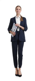 Photo of Young businesswoman in stylish suit with clipboard on white background