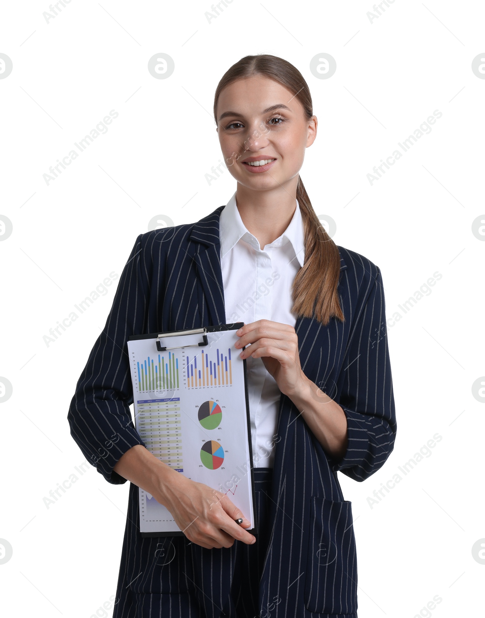 Photo of Portrait of businesswoman in stylish suit with clipboard on white background
