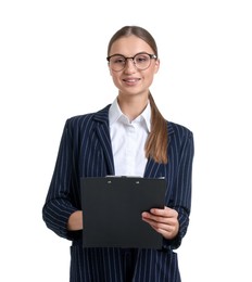 Photo of Portrait of businesswoman in stylish suit with clipboard on white background