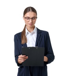 Photo of Portrait of businesswoman in stylish suit with clipboard on white background