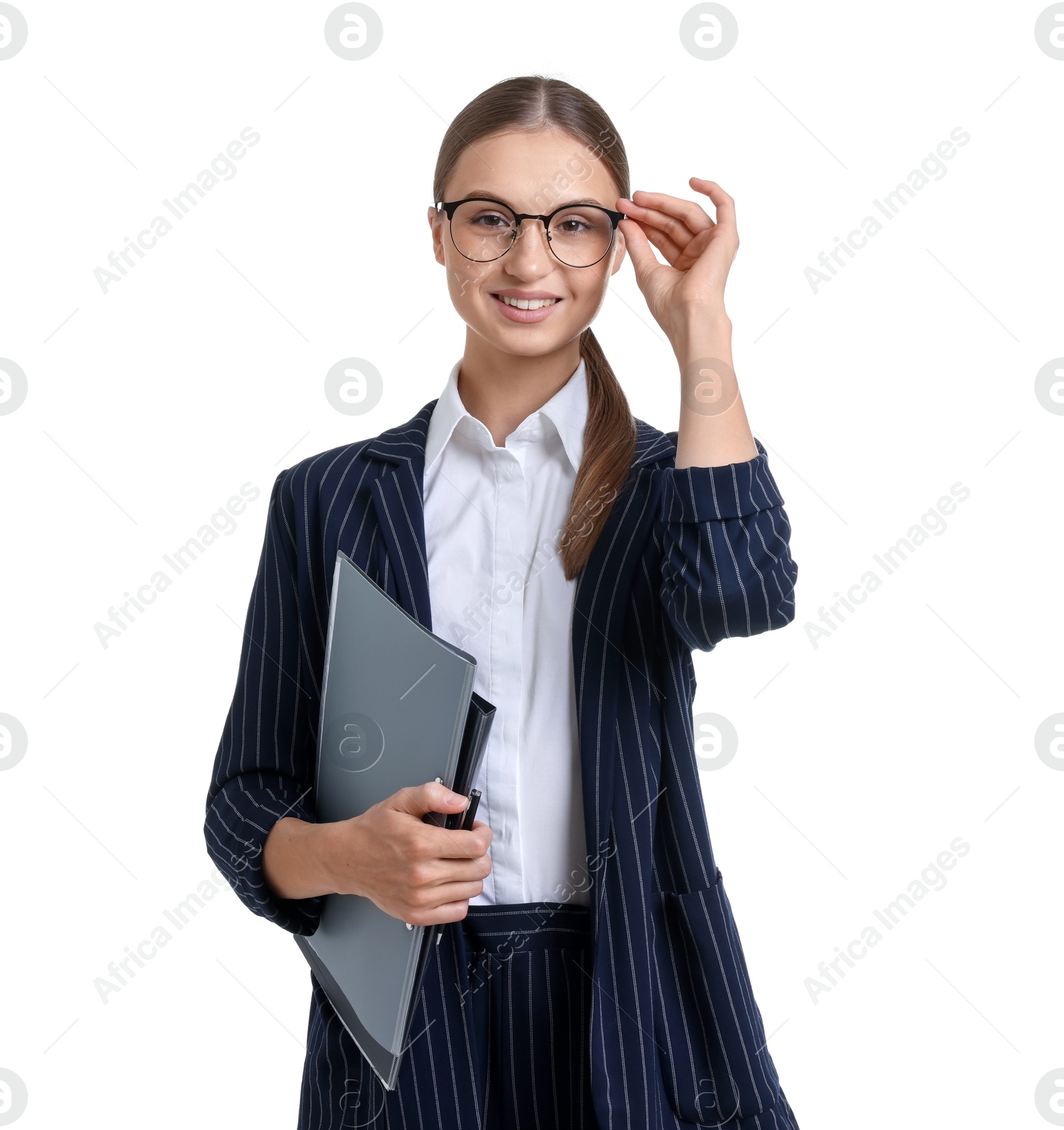 Photo of Portrait of businesswoman in stylish suit with folders on white background