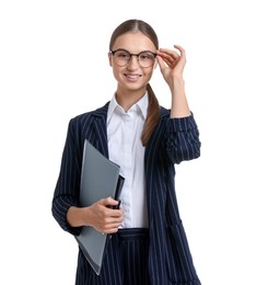 Photo of Portrait of businesswoman in stylish suit with folders on white background