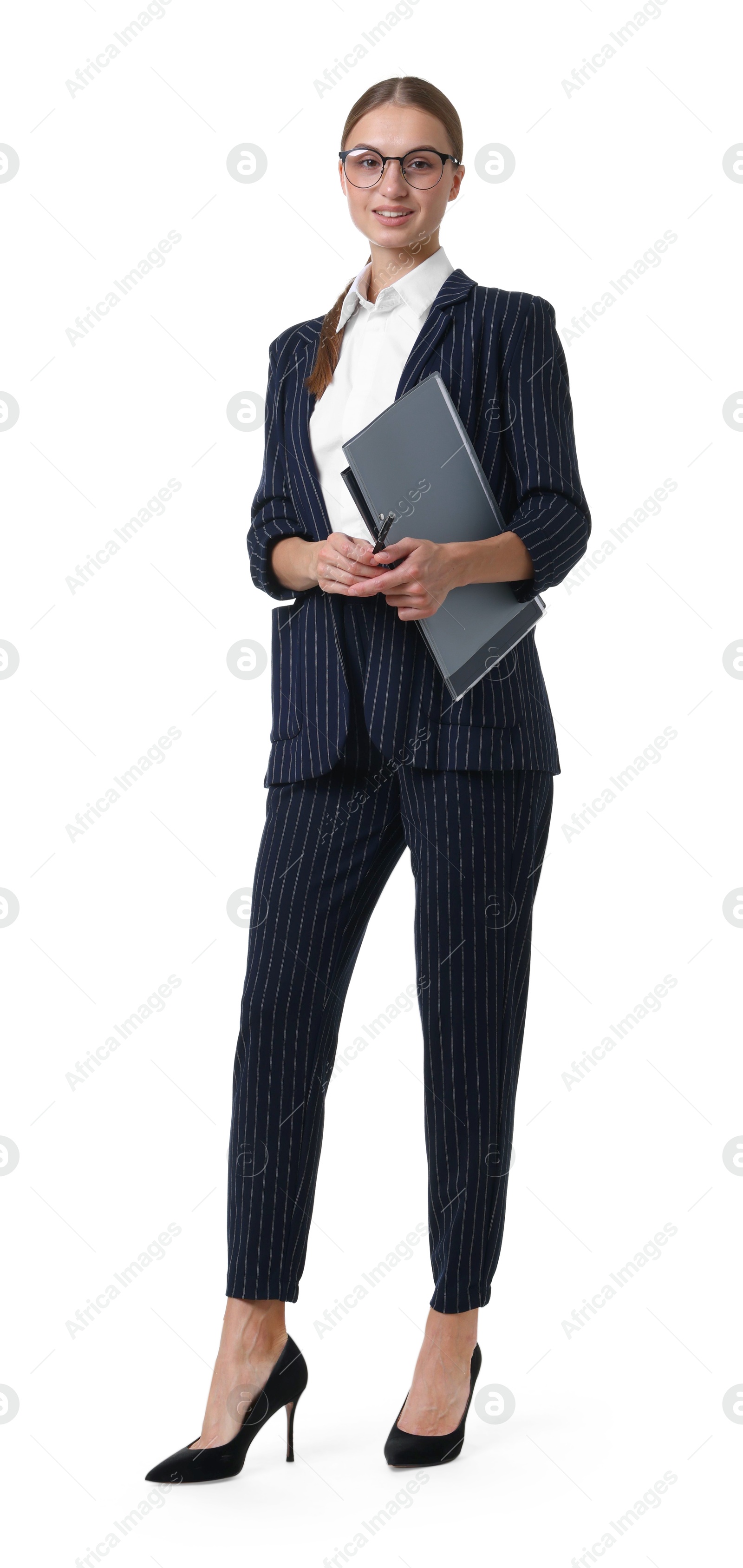 Young businesswoman in stylish suit with folders on white background Photo of Young businesswoman in stylish suit with folders on white background