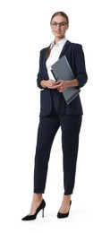 Photo of Young businesswoman in stylish suit with folders on white background