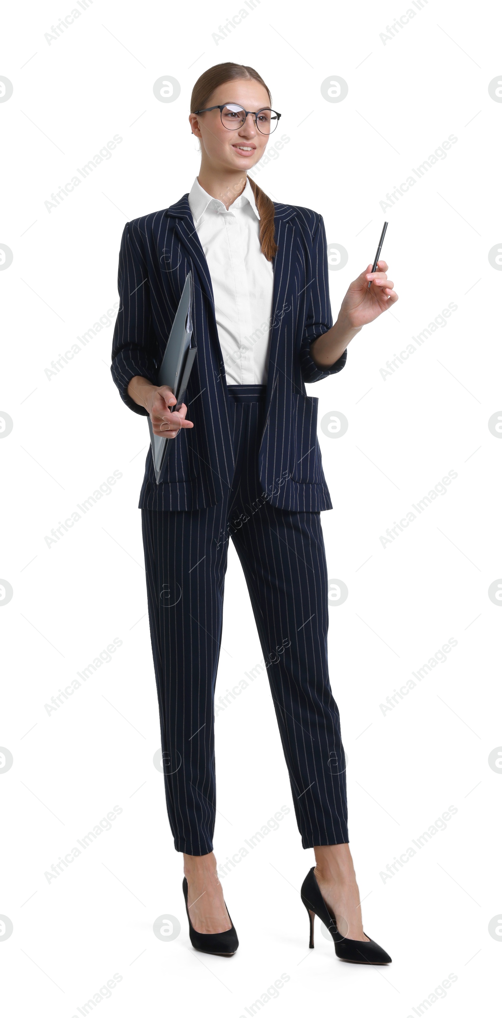 Young businesswoman in stylish suit with folders on white background Photo of Young businesswoman in stylish suit with folders on white background