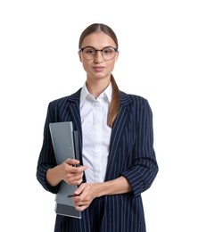 Photo of Portrait of businesswoman in stylish suit with folders on white background