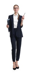 Photo of Young businesswoman in stylish suit with folders on white background
