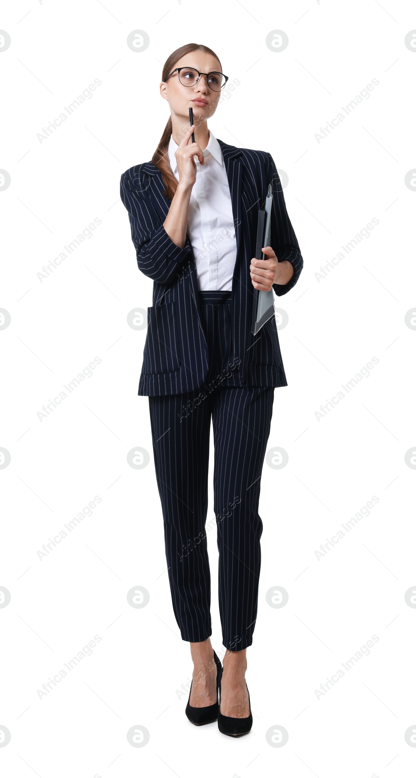 Young businesswoman in stylish suit with folders on white background Photo of Young businesswoman in stylish suit with folders on white background
