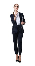 Photo of Young businesswoman in stylish suit with folders on white background