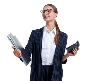 Photo of Portrait of businesswoman in stylish suit with folders on white background