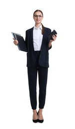 Photo of Young businesswoman in stylish suit with folders on white background