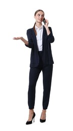 Photo of Young businesswoman in stylish suit talking on phone on white background