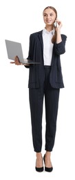 Photo of Young businesswoman in stylish suit with laptop talking on phone on white background