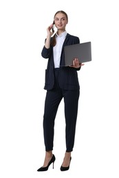 Photo of Young businesswoman in stylish suit with laptop talking on phone on white background