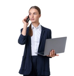 Photo of Portrait of businesswoman in stylish suit with laptop talking on phone on white background