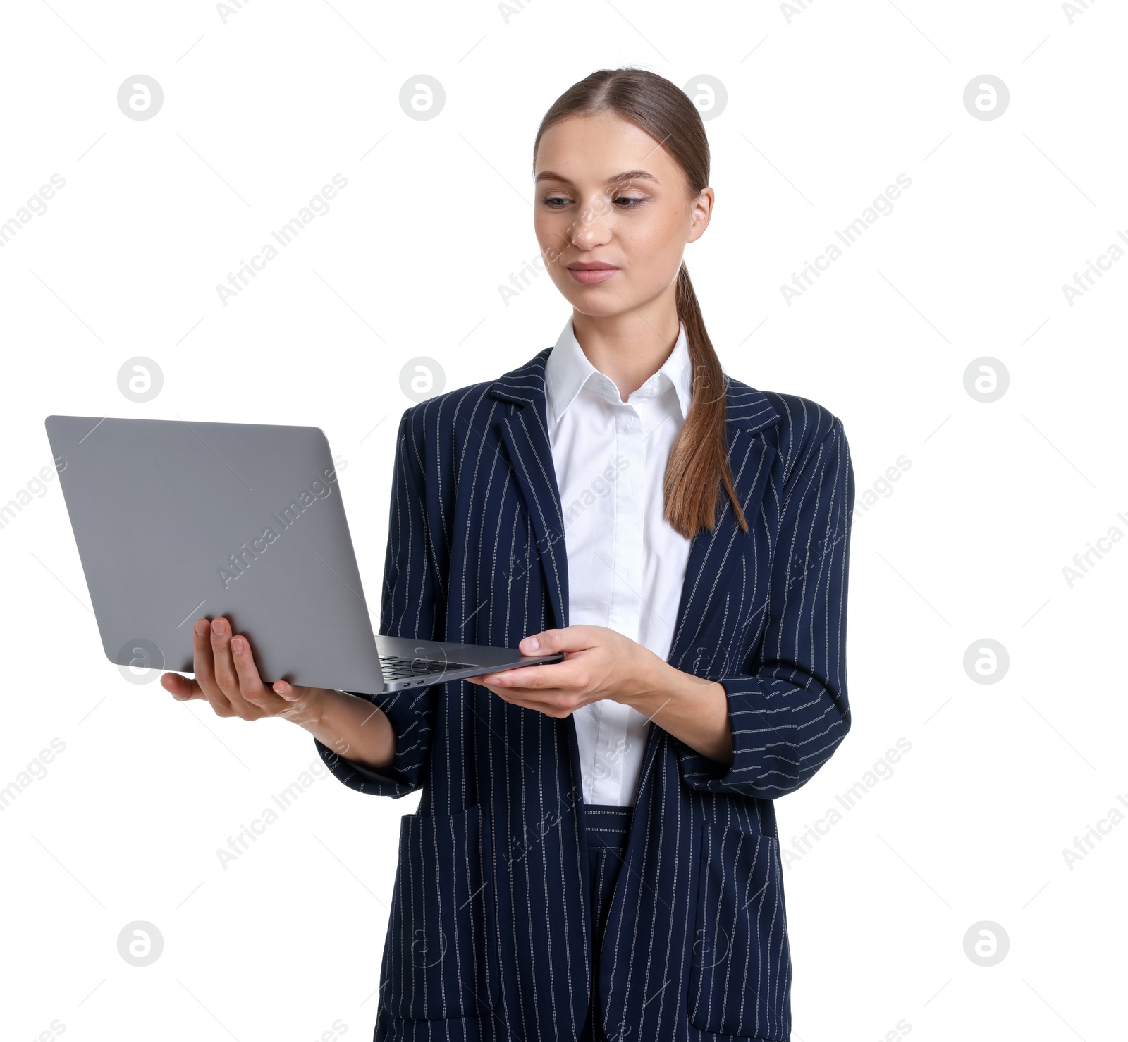 Photo of Portrait of businesswoman in stylish suit with laptop on white background