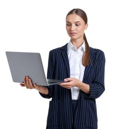 Photo of Portrait of businesswoman in stylish suit with laptop on white background