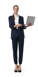 Photo of Young businesswoman in stylish suit with laptop on white background
