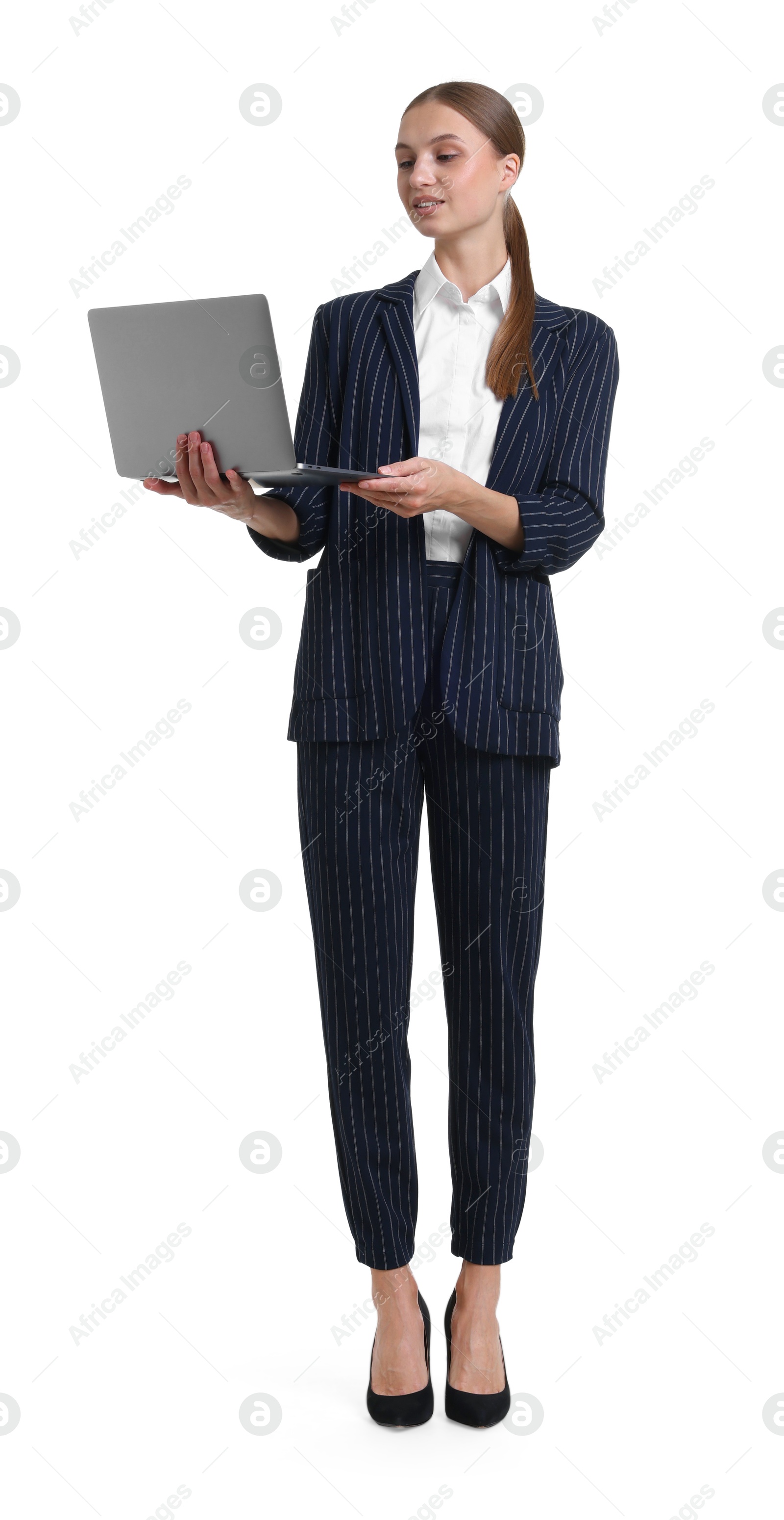 Photo of Young businesswoman in stylish suit with laptop on white background