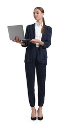 Photo of Young businesswoman in stylish suit with laptop on white background