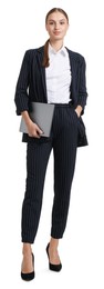 Photo of Young businesswoman in stylish suit with laptop on white background