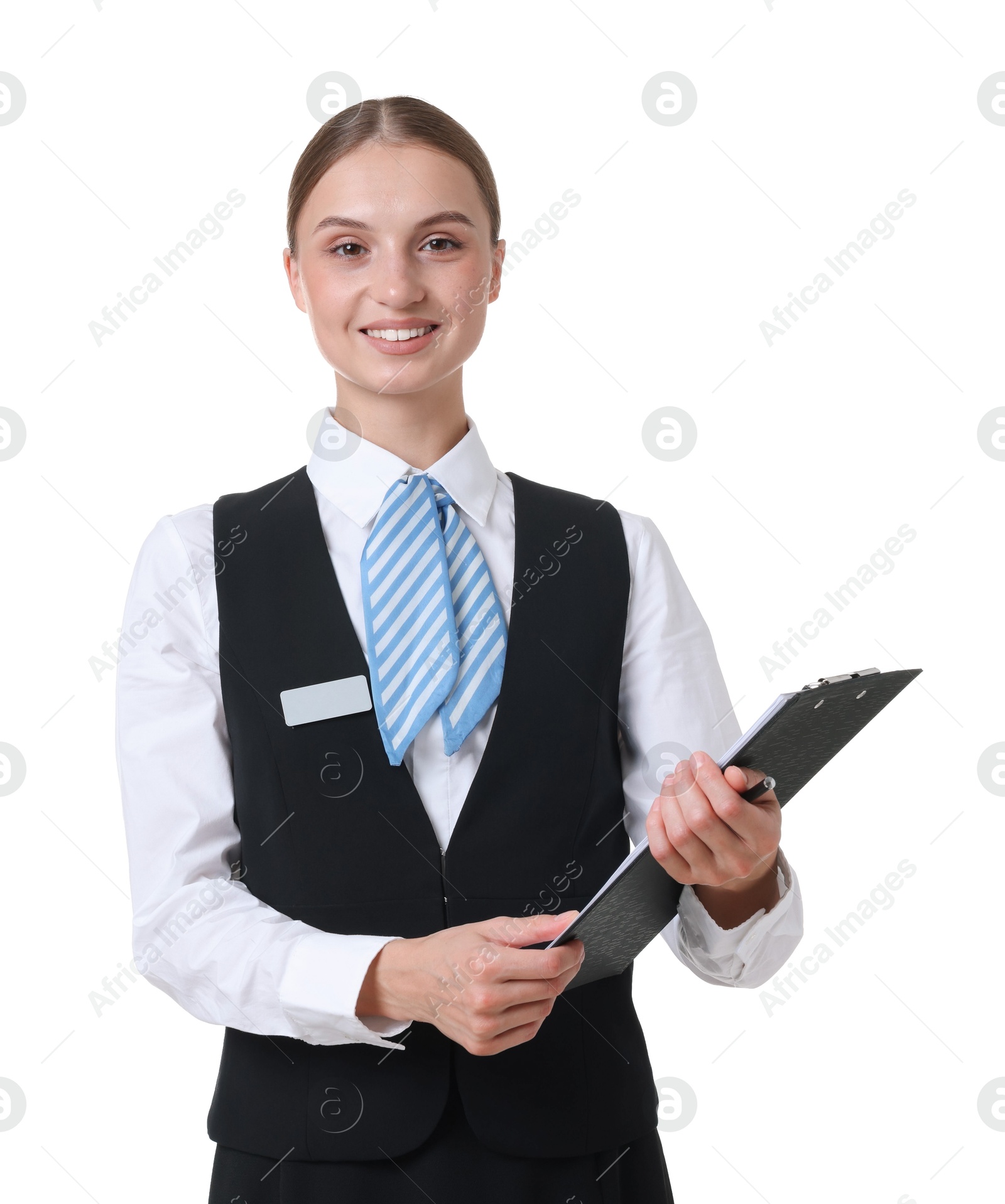 Portrait of stewardess in uniform with clipboard on white background Photo of Portrait of stewardess in uniform with clipboard on white background