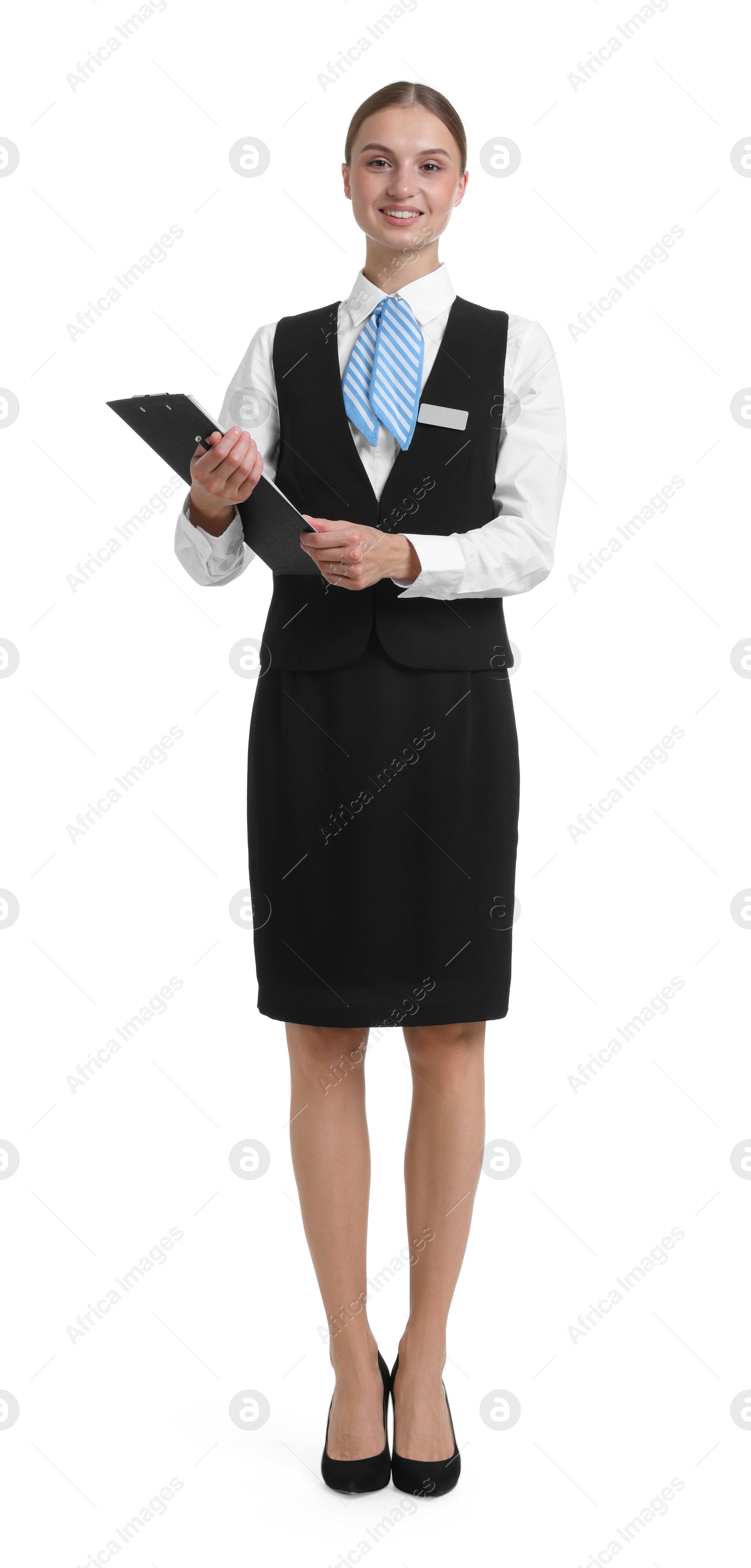 Stewardess in uniform with clipboard on white background Photo of Stewardess in uniform with clipboard on white background