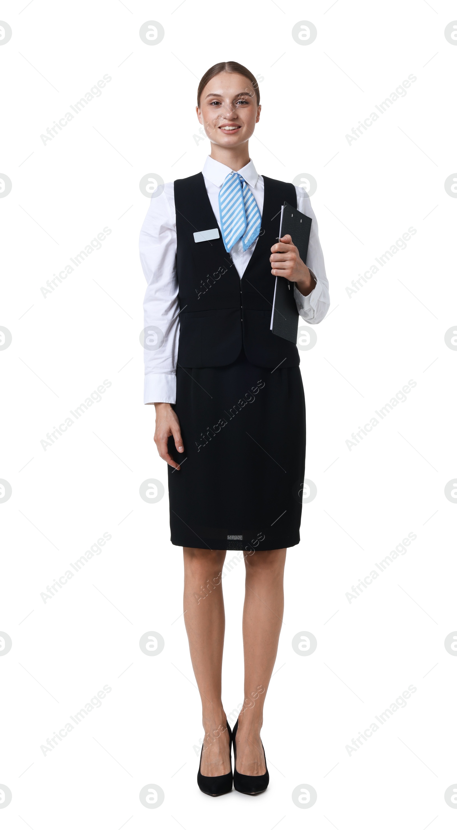 Stewardess in uniform with clipboard on white background Photo of Stewardess in uniform with clipboard on white background