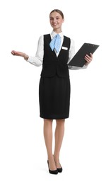 Photo of Stewardess in uniform with clipboard on white background