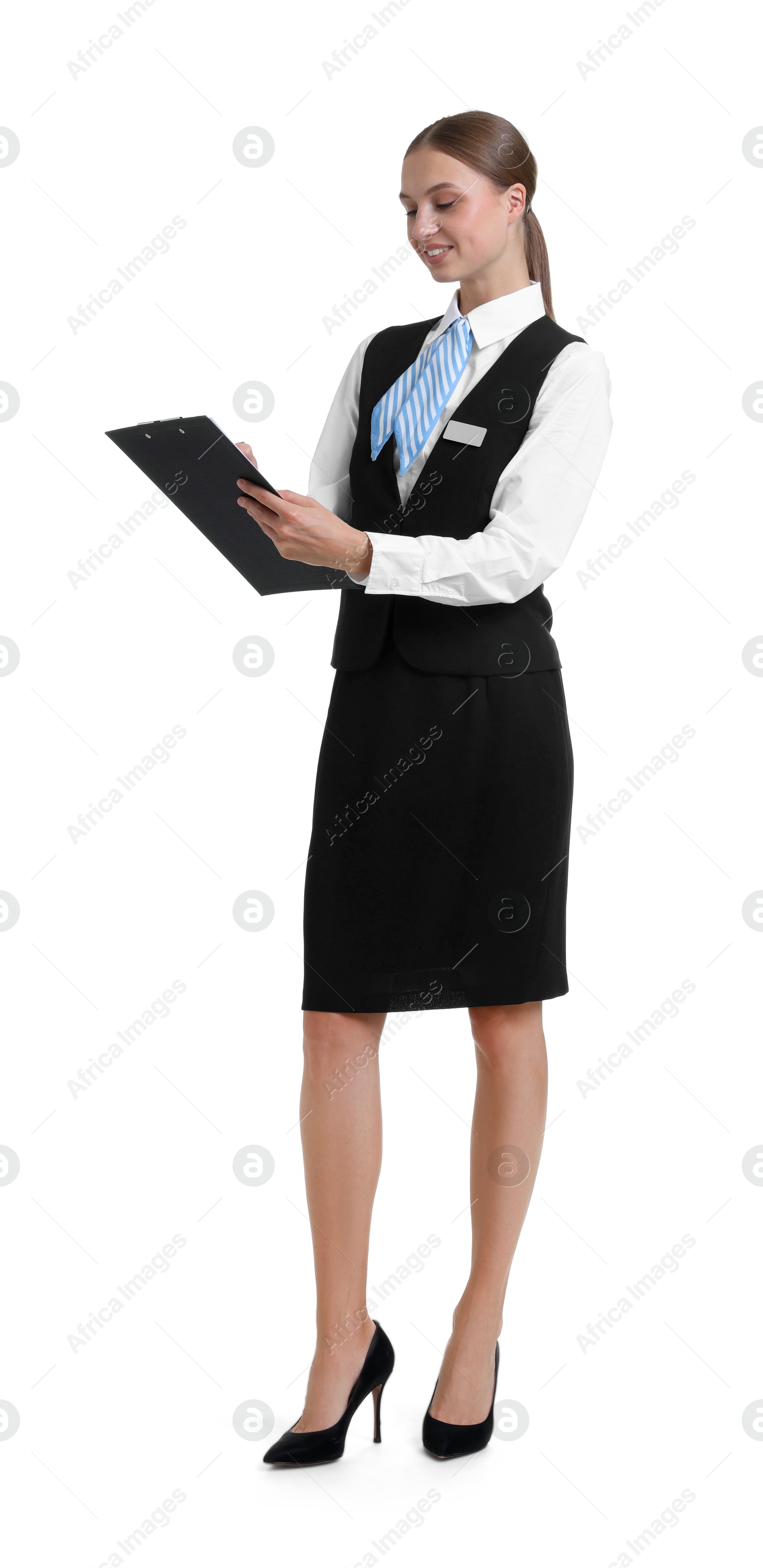 Stewardess in uniform with clipboard on white background Photo of Stewardess in uniform with clipboard on white background